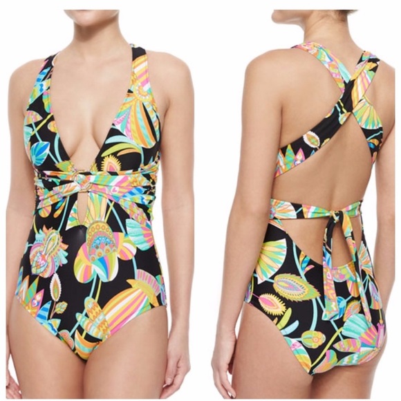 TRINA TURK | Tahitian Floral One Piece Swimsuit Multi Cross Back Size 8 - Picture 15 of 16
